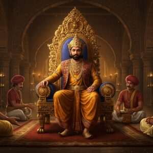 A regal and majestic Indian king seated on an ornate golden throne, adorned with intricate carvings and motifs from the Chaulukya dynasty. His attire is a rich blend of traditional royal garments with deep maroon and saffron hues, embellished with gold embroidery and patterns reminiscent of Madhubani art. He wears a crown with elaborate designs that hint at both power and heritage. Surrounding him are courtiers dressed in traditional attire, engaging in discussions, symbolizing the strategic governance and cultural legacy of Kumarapala. The backdrop is an opulent palace interior with arches and columns featuring Pattachitra-style art, reflecting the grandeur of ancient Indian architecture. Soft glowing lights create an aura of wisdom and historical significance. The scene embodies a modern digital aesthetic while maintaining historical accuracy, offering an inviting glimpse into Kumarapala's legacy.