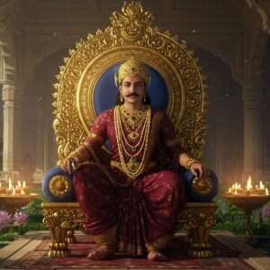 A regal scene depicting Kumarapala, the renowned ruler of the Chaulukya Dynasty, seated on a majestic golden throne adorned with intricate carvings of lotus flowers and traditional Indian motifs. He is dressed in elaborate royal attire with deep maroon and peacock blue hues, and adorned with exquisite gold jewelry. The background features a grand palace interior with ornate pillars and intricate patterns reminiscent of Madhubani and Pattachitra art styles. Soft, ethereal lighting bathes the scene, casting a warm glow over Kumarapala, highlighting his dignified expression. In the foreground, a lush garden with blooming lotus flowers and a serene water feature adds a touch of tranquility. The overall composition is a blend of traditional Indian art with modern digital aesthetics, capturing the grandeur and cultural richness of the Chaulukya Dynasty.