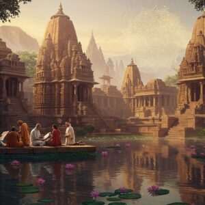A serene landscape depicting an ancient Indian civilization, with detailed, intricate carvings on stone structures reminiscent of Kuntasi. The scene is bathed in soft, warm light, with hues of saffron, maroon, and peacock blue illuminating the ancient site. In the foreground, a calm water body reflects the ancient structures and is adorned with floating lotus flowers. A group of Indian historians, dressed in traditional attire blended with modern aesthetics, are examining ancient artifacts and scrolls. The atmosphere is ethereal and tranquil, with glowing mandalas subtly integrated into the background to symbolize the spiritual depth and historical significance of Kuntasi.