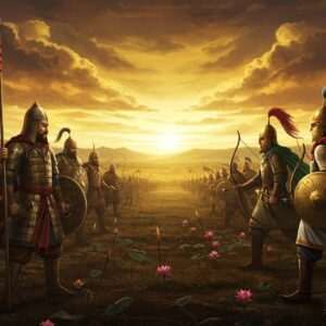An epic clash scene depicting the Kushano-Sasanians, featuring two majestic ancient armies facing each other. On one side, the Kushano warriors adorned in ornate armor with intricate patterns, holding traditional spears and shields, reflecting their rich cultural heritage. Opposite them, the Sasanian soldiers in elaborate helmets and vibrant capes, wielding swords and bows. The backdrop showcases a dramatic ancient battlefield with rolling hills and a sky filled with swirling clouds in hues of saffron and maroon. The scene is illuminated by a warm golden light, highlighting the tension and grandeur of the encounter. The art style merges historical accuracy with a modern digital aesthetic, incorporating deep colors and cultural motifs like mandalas and lotus flowers subtly woven into the patterns. The overall tone conveys a sense of drama and historical significance, inviting viewers to delve deeper into the story of these legendary empires.