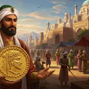 A majestic scene depicting a bustling ancient trade route where the Kushano-Sasanians thrived. In the foreground, a noble Indian merchant with distinct Sasanian features and attire, showcasing an ornate gold coin with intricate designs of both empires. Behind him, a vibrant market scene unfolds with traders in colorful, traditional Kushan and Sasanian garments, exchanging goods like silk and spices. The backdrop features a grand, ancient cityscape with architectural elements from both cultures, adorned with patterns resembling those found in Madhubani and Pattachitra art. Rich colors like saffron, maroon, and peacock blue dominate the scene, with a serene sky and ethereal glow highlighting the fusion of these great empires. The overall aesthetic is digital yet deeply rooted in historical authenticity, inviting the viewer into this fascinating intersection of cultures.