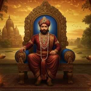 An intricately detailed digital art piece depicting Lakshmana Sena, an Indian ruler, seated regally on an ornate throne. He wears traditional royal attire in deep maroon and gold with fine embroidery, surrounded by an aura of power and wisdom. The scene is set against a backdrop of ancient Bengal architecture, featuring grand temples and lush landscapes. The art style combines the richness of Madhubani patterns with modern digital elements, using a palette of rich saffron, peacock blue, and warm gold. Intricate cultural motifs like lotus flowers and subtle Hindu symbols are woven into the composition, creating a sense of history and grandeur. The lighting is ethereal, with soft golden glows highlighting the intricate details of his attire and surroundings, drawing viewers into the forgotten legacy of this majestic ruler.