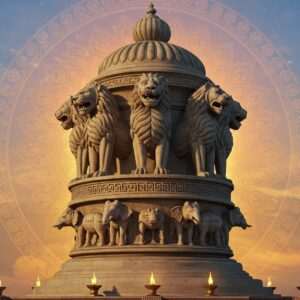 A majestic depiction of the Lion Capital of Ashoka, meticulously detailed with four Asiatic lions standing back-to-back atop a beautifully carved circular abacus featuring elephants, horses, a bull, and a lion, symbolizing power and courage. The capital is set against a backdrop of a softly glowing mandala with intricate patterns in saffron and maroon hues, representing spiritual significance. The scene is enriched with a serene, ethereal ambiance, featuring pastel color palettes of soft blue and warm gold. The base of the capital rests on an inverted lotus, highlighting its Indian cultural essence. The lighting is warm and tranquil, casting a gentle glow that emphasizes the deep cultural symbolism. The art style merges traditional Indian motifs with modern digital aesthetics, creating a captivating and harmonious blend that draws the viewer into the rich history and significance of this national emblem.