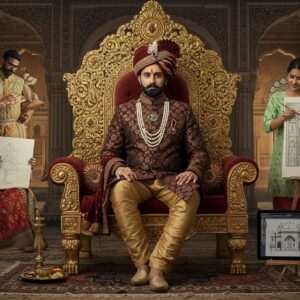 A majestic Indian Maharaja seated regally on an ornate, intricately designed golden throne, dressed in an opulent silk sherwani with elaborate embroidery in deep maroon and peacock blue, adorned with exquisite jewelry including a pearl-studded turban. The background features a grand palace interior with high arches, detailed carvings, and a mosaic floor. Surrounding the Maharaja are elements of modern culture: a contemporary fashion designer sketching nearby, a digital tablet displaying architectural designs, and a young artist painting a modern interpretation of traditional motifs. The scene is bathed in warm, glowing light, highlighting the rich textures and colors, blending traditional and modern aesthetics seamlessly. The art style should merge Madhubani patterns with digital realism, creating a harmonious fusion of heritage and innovation.