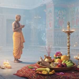 An Indian priest in traditional attire stands amidst an ancient Mannar temple setting, surrounded by softly glowing candles and incense smoke. His serene expression reflects the spirituality and devotion inherent in the sacred chants he performs. The temple walls are adorned with intricate carvings and vibrant murals depicting Hindu deities, illuminated by the warm, golden light of oil lamps. In the foreground, a beautifully arranged offering plate with flowers, fruits, and sacred symbols lies on a richly embroidered cloth. The atmosphere is tranquil and ethereal, with pastel hues of soft blue and pale pink enveloping the scene, capturing the essence of Mannar's spiritual traditions in a digital art style that blends modernity with heritage.