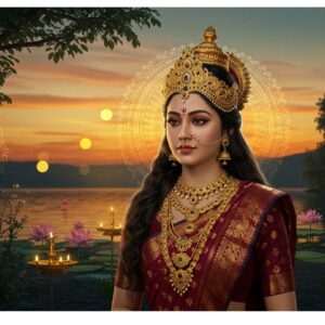 A serene and ethereal depiction of Mhalsa, the revered goddess, standing gracefully amidst a tranquil setting. She is depicted with a traditional Indian goddess attire, adorned with gold jewelry and a crown, exuding a divine aura. Her calm and serene expression reflects wisdom and compassion. The background features a lush landscape with intricate patterns of lotus flowers and mandalas, symbolizing purity and spirituality. The color palette includes rich maroon, gold, and peacock blue, blending traditional Indian art with modern digital aesthetics. Soft, glowing lights create a halo effect around her, emphasizing her divinity and cultural significance. The scene is set during twilight, with a warm, golden glow illuminating the surroundings, highlighting the harmony and peacefulness associated with Mhalsa's heritage.