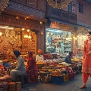 A vibrant, bustling street scene in Moron, Punjab, depicting a lively marketplace filled with colorful stalls. The vendors are selling traditional handicrafts, spices, and fabrics in rich hues of gold, maroon, and peacock blue. In the background, there's a beautifully detailed Pattachitra mural on a building wall, showcasing Punjab's cultural heritage. The foreground features a serene, ethereal portrayal of a local woman in a modernized traditional outfit with intricate patterns and gold jewelry, engaging with tourists. The atmosphere is inviting, with soft glowing lights and pastel colors highlighting the vibrant energy of the market. Elements like lotus flowers and subtle mandalas are integrated into the scene, creating a harmonious blend of tradition and modernity. The overall image conveys a sense of cultural richness and allure, enticing viewers to explore the hidden gems of Moron.