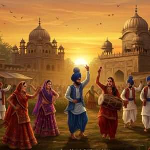 A captivating scene of a lively Punjabi village festival in Moron, Punjab. The foreground features men and women dressed in traditional Punjabi attire, with women in bright, colorful phulkaris and men in turbans and kurtas. They are joyfully dancing the Bhangra and Gidda, surrounded by lush green fields. In the background, an ancient gurdwara with intricate carvings stands tall, reflecting the region's historical significance. The sky is a warm saffron hue as the sun sets, casting a serene glow over the entire scene. The art style merges traditional Indian motifs with modern digital aesthetics, featuring deep, rich colors like maroon and peacock blue, and intricate patterns inspired by Madhubani and Phad art forms. The overall tone is vibrant yet peaceful, inviting viewers to delve into the rich culture and history of Moron-Punjab.