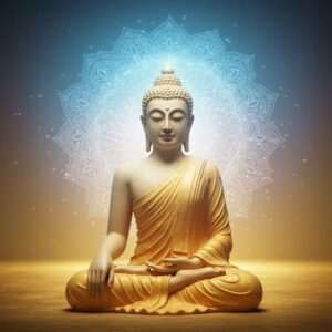 A serene, ethereal digital artwork depicting a modern interpretation of Buddha seated in meditation, surrounded by a gentle glow of soft blue and pale pink light. The Buddha's features are distinctly Indian, with a calm expression and eyes closed in deep contemplation. The background features a stylized, glowing mandala with intricate patterns inspired by Madhubani art, and subtle elements of traditional Indian motifs like lotus flowers. The scene is bathed in a warm gold hue, reflecting tranquility and mindfulness. The overall composition exudes harmony and peace, inviting the viewer to explore the evolving nature of Navayana Buddhism.