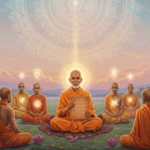 An ethereal scene depicting a serene gathering of enlightened individuals under a large, glowing mandala symbolizing unity and transformation. In the foreground, an Indian sage in a saffron robe, with a calm and wise expression, sits cross-legged on a lotus, holding an ancient scroll symbolizing wisdom and knowledge. Surrounding him are diverse followers in traditional attire, each with a gentle glow, representing harmony and inclusivity. The background features a peaceful landscape with soft pastel colors, symbolizing a new dawn of spiritual awakening and societal change. The art style should be a fusion of traditional Indian motifs with modern digital aesthetics, emphasizing serenity and enlightenment.
