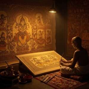 A stunning Pattachitra artwork depicting a traditional scene with intricate detailing. The image showcases a vibrant depiction of Indian deities and mythological tales, set against a background of ornate patterns and motifs in rich colors like saffron, peacock blue, and maroon. A skilled artisan is shown meticulously painting with fine brushes on cloth canvas, surrounded by traditional tools and natural pigments. The scene is illuminated by a warm, golden light, highlighting the textures and depth of the art. The composition should reflect the harmony and precision of Pattachitra techniques, blending cultural heritage with a modern digital aesthetic for a captivating visual experience.