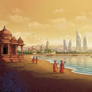 A serene coastal scene of Porbandar, showcasing its rich heritage in 2025. The foreground features intricate patterns inspired by Madhubani and Pattachitra art styles, with deep maroon and peacock blue hues. On the left, an ancient temple with ornate carvings stands, with lotus flowers and glowing mandalas subtly integrated into its design. In the background, modern architectural marvels rise along the coastline, blending traditional Indian motifs with sleek, contemporary aesthetics. The sky is a gradient of warm gold and soft blue, with a tranquil sea reflecting the colors. Indian figures in traditional attire walk along the shore, emphasizing the cultural continuity and evolution. The overall tone is one of harmony between past and present, capturing the essence of Porbandar's coastal heritage.