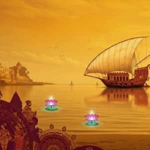 A serene coastal scene of Porbandar, where the golden sands meet the Arabian Sea under a vibrant, saffron-hued sky. In the foreground, intricate Madhubani and Pattachitra patterns depict historical figures and events from Porbandar's rich past, seamlessly blending into the modern digital aesthetic. The central focus is a grand, ancient Indian ship with ornate carvings, sailing gracefully. Surrounding it are stylized lotus flowers and glowing mandalas that float gently on calm water surfaces. The scene is adorned with deep maroon and peacock blue hues, creating a harmonious balance of tradition and modernity. The atmosphere is tranquil yet imbued with a sense of historical grandeur, inviting the viewer to delve into Porbandar's storied heritage.