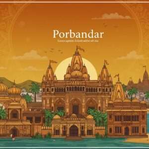 A panoramic view of Porbandar, showcasing its rich heritage and cultural landmarks. In the foreground, the scene features intricately detailed traditional Indian architecture with vibrant frescoes and carvings. The skyline includes the iconic Kirti Mandir, the birthplace of Mahatma Gandhi, with its distinct architectural style. Surrounding the scene are lush landscapes with peacock-blue waters and golden sands, reflecting the city's coastal charm. The background is illuminated by a warm saffron sunset, casting a serene glow over the cityscape. The image is adorned with subtle patterns of lotus flowers and mandalas, emphasizing Porbandar's cultural depth. The art style combines traditional Indian motifs with modern digital aesthetics, using rich, deep colors to create an inviting and harmonious composition.