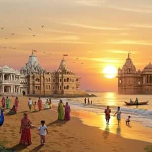 A vibrant, modern digital illustration showcasing the coastal beauty and cultural richness of Porbandar, Gujarat. The scene is set at sunset, with a golden sun casting warm hues over the tranquil Porbandar Beach. In the foreground, a serene gathering of Indian families enjoying leisure activities, with children playing near the gentle waves. To the left, Kirti Mandir is depicted in intricate detail, its white marble structure glowing under the soft, pastel-colored sky. On the right, Sudama Puri is shown, with its historical architecture highlighted by subtle, ethereal lighting. The atmosphere is one of relaxation and cultural appreciation, with peacock motifs and traditional patterns subtly incorporated into the sand and sky, blending the heritage of Porbandar with a contemporary aesthetic. The overall scene is inviting and harmonious, capturing the essence of Porbandar tourism in 2025.