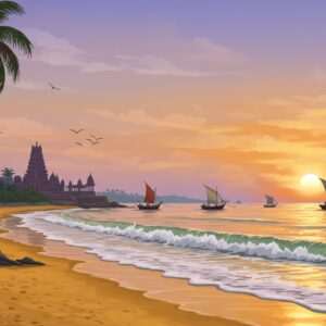 A serene coastal scene depicting the pristine beaches of Karnataka, showcasing a tranquil sunset over the Arabian Sea. The foreground features soft, golden sands and gentle waves lapping at the shore. Palm trees sway lightly in the warm breeze, and traditional fishing boats with colorful sails dot the horizon. In the distance, the silhouette of a temple adds a cultural touch, reflecting the region's rich heritage. The sky is painted with hues of orange, pink, and lavender, casting a soft glow over the scene. This image should evoke a sense of calm and wanderlust, inviting viewers to explore Karnataka's coastal paradise. The art style should be modern yet infused with subtle traditional Indian motifs for an ethereal, inviting atmosphere.