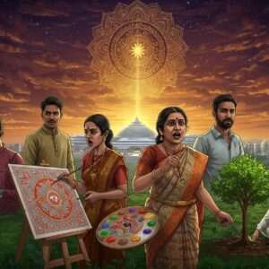 A dynamic and inspiring scene showcasing a group of diverse, influential Indian personalities from Karnataka, each engaged in their unique fields. In the foreground, a young tech innovator with futuristic gadgets; an artist painting a vibrant, traditional Madhubani artwork; a woman in a graceful saree speaking passionately to a crowd; and an environmentalist planting a tree amidst lush greenery. The background is a modern cityscape of Bengaluru, with futuristic architecture and digital elements symbolizing innovation. The sky features a golden, glowing mandala representing unity and progress. The color palette is rich with deep maroons, golds, and peacock blues, seamlessly blending traditional motifs with modern aesthetics. The overall tone is one of inspiration, innovation, and cultural pride.