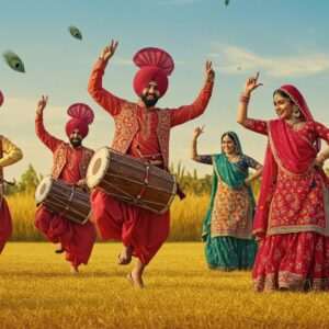 A lively and colorful scene depicting traditional Punjabi folk dancers in motion. In the foreground, a group of men in vibrant, richly embroidered kurtas and turbans perform Bhangra with dynamic and energetic poses, their movements captured mid-air. Behind them, women in vivid Giddha attire, featuring brightly colored salwar kameez with intricate patterns, dance gracefully, their hands forming expressive gestures. The background showcases a lush, golden field under a clear blue sky, with stylized peacock feathers and lotus motifs subtly integrated into the scene. The lighting is warm and inviting, highlighting the richness of the colors and patterns. The art style combines traditional Indian art aesthetics with modern digital techniques, creating a harmonious blend of tradition and innovation.