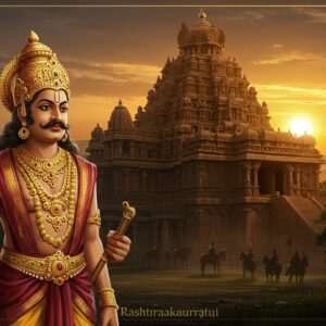 An ancient Indian Rashtrakuta king in ornate traditional attire, adorned with intricate gold jewelry and a regal crown, stands proudly in front of a grand, majestic temple inspired by the Ellora caves. The temple, carved with exquisite details and surrounded by lush greenery, reflects the architectural brilliance of the Rashtrakuta dynasty. The scene is bathed in the warm golden hues of a setting sun, casting a serene glow over the landscape. In the background, faint silhouettes of warriors on horseback hint at the empire's might. The overall composition is rich in deep colors like maroon and peacock blue, blending traditional Indian art styles with modern digital aesthetics.