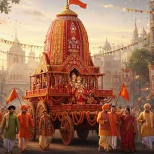 A vibrant and grand depiction of the Ratha Yatra festival, featuring a magnificent, elaborately decorated chariot with intricate patterns inspired by Madhubani and Pattachitra art styles. The chariot is adorned with maroon, saffron, and gold hues, with a canopy of peacock blue. A group of joyous Indian devotees, dressed in traditional attire with a modern twist, pulls the chariot through a bustling city street lined with colorful banners and marigold flowers. The atmosphere is lively and festive, with soft glowing lights illuminating the scene, casting a warm, ethereal glow. In the background, iconic city landmarks are subtly visible, blending tradition with contemporary urban life. The image conveys the spirit of unity and celebration, with an emphasis on cultural richness and spiritual devotion.