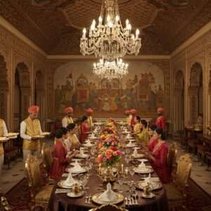 A grand, opulent Indian palace interior with intricate gold and maroon patterns adorning the walls and ceiling. In the center, an elegant, long dining table is set with fine china, gold cutlery, and vibrant floral arrangements. Attendants in traditional regal attire, adorned with gold jewelry, serve exquisite dishes to guests dressed in luxurious silk garments. Large, glowing chandeliers cast a warm, inviting light over the scene. In the background, a mural depicting a royal procession with elephants and palanquins adds to the grandeur. The atmosphere is one of indulgence, cultural richness, and timeless elegance, blending traditional Indian aesthetics with modern luxury.