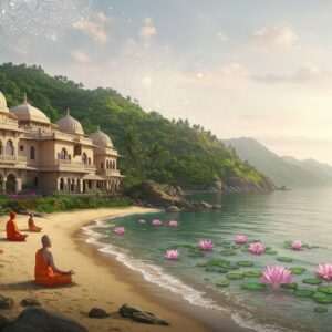 A serene Gokarna landscape at dawn, featuring a luxurious retreat nestled amidst lush green hills and overlooking the tranquil sea. The retreat is designed with a blend of traditional Indian architecture and modern aesthetics, showcasing ornate carvings, domed rooftops, and elegant arches. The scene includes a peaceful beach with gentle waves, golden sands, and large lotus flowers floating on the water. Soft pastel colors like pale pink and warm gold illuminate the sky, casting a serene glow over the entire scene. Ethereal elements like glowing mandalas subtly appear in the background, enhancing the spiritual ambiance. Indian characters in traditional attire can be seen meditating or practicing yoga on the beach, embodying tranquility and mindfulness. The overall tone is one of calmness, elegance, and royal serenity.