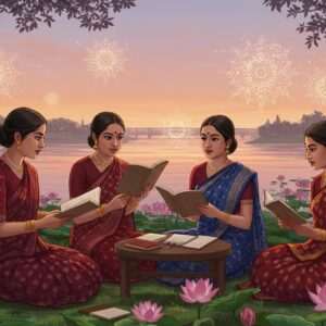 A serene and ethereal digital artwork depicting a group of elegant Indian women writers from Assam, dressed in traditional Mekhela Chador with intricate Assamese patterns. They are seated in a tranquil garden setting, surrounded by blooming lotus flowers and gentle, glowing mandalas floating in the air. The background features the majestic Brahmaputra River under a soft, pastel sunset sky. The women are engaged in animated discussion, holding manuscripts and traditional Assamese pens. The scene is imbued with a warm, golden glow, highlighting the rich maroon and peacock blue hues of their attire. The art style blends modern digital aesthetics with traditional Assamese elements, creating an atmosphere of cultural richness and literary legacy.