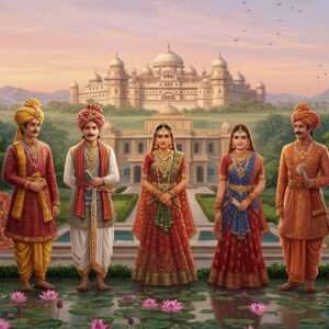 A majestic depiction of the Sandur State's regal history: a grand palace surrounded by lush, verdant landscapes under a soft, pastel sky. In the foreground, elegantly dressed Indian royalty in traditional attire, reflecting the grandeur of the bygone era with intricate gold embroidery and rich maroon and peacock blue hues. They stand beside cultural motifs like intricate mandalas and a serene lotus-filled pond, capturing the essence of spiritual tranquility and historical richness. The scene is imbued with a modern digital aesthetic, balancing deep cultural roots with contemporary visual allure.