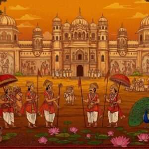 A vivid digital illustration showcasing the rich history and cultural tapestry of Sandur State. The scene features a majestic palace inspired by traditional Karnataka architecture, adorned with intricate carvings and vibrant frescoes depicting royal events and daily life. In the foreground, regal figures dressed in ornate traditional attire engage in a ceremonial procession. Surrounding them are lush landscapes with native flora and fauna, including peacocks and lotus flowers, symbolizing prosperity and heritage. The sky is painted in deep saffron and maroon hues, reflecting a sense of timelessness. The art style blends traditional Indian elements like Pattachitra with modern digital aesthetics, creating a harmonious fusion of past and present.