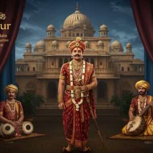 A grand digital illustration depicting the regal history of Sandur State. In the center, a distinguished Indian king in royal attire stands confidently, adorned with intricate gold and maroon embroidery, set against a backdrop of the ancient Sandur palace with its majestic architecture. The scene is enriched with cultural motifs like peacock feathers, traditional musical instruments, and vibrant drapery. Soft, ethereal lighting casts a serene glow over the setting, highlighting the grandeur and historical significance. The color palette features deep blues, rich maroons, and warm golds, capturing both the opulence and cultural heritage of Sandur State.