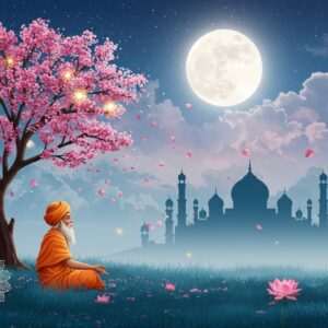 A serene, ethereal scene depicting the night sky filled with twinkling stars and a radiant full moon, casting a gentle glow on a tranquil landscape. In the foreground, a wise Indian sage in traditional attire sits in peaceful meditation beneath a blooming lotus tree. The sage is surrounded by softly glowing mandalas, and the air is filled with floating, luminescent petals. The background features a silhouette of a mosque with intricate patterns, symbolizing the spiritual journey of Shab e Miraj. The color palette consists of soft blues, pale pinks, and warm golds, creating a harmonious and mindful atmosphere. The art style blends traditional Indian motifs with modern digital aesthetics, capturing the essence of spirituality and tranquility.
