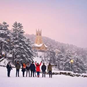 A breathtaking view of Shimla during winter, showcasing snow-covered pine trees and the iconic Christ Church with its neo-Gothic architecture. The scene is serene and ethereal, with soft glowing lights reflecting off the snow and creating a warm, inviting atmosphere. A group of Indian travelers in modern winter attire stand in the foreground, joyfully playing in the snow, capturing the essence of a perfect winter getaway. The sky is a pastel gradient of soft blues and pale pinks, giving the image a tranquil yet vibrant feel. The art style merges traditional Indian patterns subtly within the travelers' clothing and modern digital aesthetics, creating a harmonious balance between heritage and innovation.