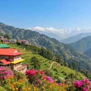 A serene, panoramic view of Shimla's lush green hills and valleys under a clear blue sky, with a modern twist. The foreground features a traditional Himachali house with vibrant red and yellow roofs, set amidst terraced gardens filled with blooming rhododendrons and marigolds. In the background, the majestic snow-capped peaks of the Himalayas rise gracefully. A picturesque walking trail meanders through the scene, dotted with travelers in contemporary attire, capturing the essence of exploration and discovery. Subtle elements of modern digital art style are incorporated, with a soft glow and pastel hues to convey tranquility and allure.