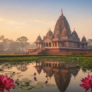 A mystical scene of the Kamakhya Temple perched atop the Nilachal Hill in Assam, enveloped in a serene, ethereal glow. The temple's traditional Indian architecture is adorned with intricate carvings and motifs depicting Hindu mythology. The sky is a pastel blend of soft blue and warm gold, casting a divine light over the temple. In the foreground, a lotus pond reflects the temple's image, surrounded by lush greenery and vibrant maroon and saffron flowers. The atmosphere exudes spiritual energy, with subtle hints of glowing mandalas floating in the background. The overall composition balances traditional Indian art aesthetics with modern digital refinement, inviting viewers into the mystical allure of Kamakhya Temple.