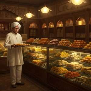 A beautifully detailed scene featuring a traditional Indian sweets shop with an array of vibrant mithai displayed. In the foreground, an elderly Indian man in traditional attire, holding a tray of sweets, smiles warmly. The shop's interior blends colonial and contemporary elements, with vintage wooden shelves and modern glass display cases filled with colorful sweets like laddoos, barfis, and jalebis. The lighting is warm and inviting, with subtle hints of gold and maroon reflecting off the sweets. A subtle glow surrounds the scene, capturing the essence of the past and present fusion. Cultural motifs like lotus patterns adorn the shop walls, creating a harmonious blend of tradition and modernity.