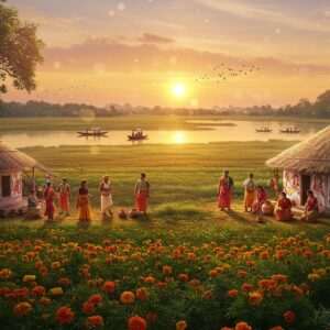 A breathtaking landscape of Tapi District in 2025, showcasing a harmonious blend of nature and culture. In the foreground, vibrant fields of lush greenery and blooming marigolds stretch across the scene. In the background, a serene river reflects the pastel colors of a sunrise, with traditional Indian boats gently floating. Amidst the landscape, a small village with intricately designed huts features murals inspired by Madhubani art, depicting local folklore. The villagers, dressed in colorful traditional attire, are engaged in cultural activities like folk dancing and pottery making. The sky is painted with warm hues of saffron and maroon, with soft glowing lights that highlight the spiritual essence of the district. This digital artwork combines realism with an ethereal touch, inviting readers to experience the unique tapestry of Tapi's natural beauty and cultural richness.