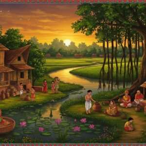 A panoramic view of a serene village in Tapi District, showcasing traditional Indian houses with intricately carved wooden facades and vibrant, colorful rooftops. The scene is alive with villagers in traditional attire, engaging in daily activities like pottery making and weaving. Lush green fields and dense forests surround the village, while a calm river gently meanders through, reflecting the golden glow of the setting sun. In the foreground, children are playing near a blooming lotus pond, while elders sit under a large banyan tree, sharing stories. The art style combines rich, deep colors with intricate patterns, blending Madhubani and Pattachitra motifs with modern digital aesthetics. The atmosphere is tranquil and inviting, embodying the harmony and cultural richness of Tapi District villages.