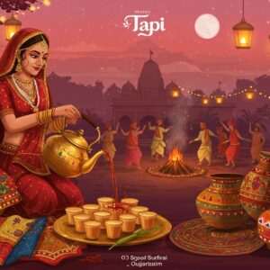 A vibrant scene showcasing the essence of Tapi's culture: a traditional Gujarati woman gracefully pouring a stream of golden saffron-infused tea from a silver kettle, surrounded by an array of colorful, intricately designed local crafts like embroidered textiles and pottery. In the background, a lively festival scene with people in traditional Gujarati attire dancing Garba around a bonfire under a moonlit sky, with colorful lanterns hanging from trees. The sky is painted in hues of soft pink and deep maroon, with gentle, glowing lights adding to the ethereal ambiance. The art style blends modern digital aesthetics with traditional Indian motifs, capturing the warmth and vibrancy of Tapi's rich cultural heritage.