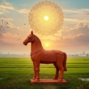 A mesmerizing scene featuring a traditional Bankura horse, crafted from terracotta, standing proudly in the center. The horse is intricately detailed with traditional patterns and painted in deep earthy tones of maroon and saffron, set against a backdrop of a digitally rendered landscape that combines elements of rural Bengal with modern digital aesthetics. The scene is surrounded by lush green fields and a serene river, reflecting the cultural richness and tranquility of West Bengal. Above, a glowing mandala sun casts a warm golden light, highlighting the craftsmanship of the horse. The sky is adorned with pastel-colored clouds, giving a dreamlike quality to the image. A few stylized lotus flowers and traditional Bengali motifs are subtly incorporated into the design, adding depth and authenticity. The overall atmosphere is one of cultural pride, heritage, and artistic mastery.