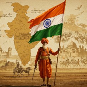 A dramatic scene depicting a historical timeline of the British Raj in India. In the foreground, a distinguished Indian freedom fighter in traditional attire stands defiantly, holding a tattered Indian flag with vibrant saffron, white, and green colors. Behind him, a contrasting blend of British colonial architecture and traditional Indian structures symbolizes the era's transformation. The background features a sepia-toned map of India, with key events like the Sepoy Mutiny and the Salt March illustrated through subtle, ethereal imagery. The scene is enveloped in a soft, golden glow, with intricate patterns symbolizing unity and resilience subtly woven into the landscape. The art style is a fusion of traditional Indian motifs with modern digital aesthetics, capturing the essence of conflict and transformation during the British Raj.