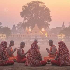 An ethereal scene depicting the serene landscape of Bodh Gaya at sunrise, with soft pastel hues of pink and gold illuminating the sacred Bodhi Tree. In the foreground, a group of Indian Pithipatis dressed in traditional attire, with intricate patterns reminiscent of Madhubani art, are engaged in a cultural ritual. Their expressions are focused and reverent, symbolizing their dedication to preserving the heritage. Surrounding them are glowing mandalas and lotus motifs subtly integrated into the scene, adding a surreal and spiritual ambiance. The overall composition exudes tranquility and respect for cultural legacy, with a touch of modern digital artistry enhancing the timeless beauty of Bodh Gaya.