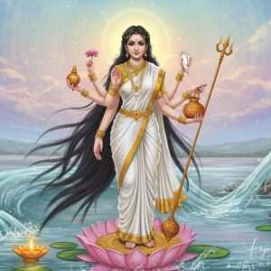 A serene depiction of Goddess Ganga, a celestial Indian goddess with long, flowing black hair cascading like a river. She stands gracefully on a lotus flower, adorned in a white and gold saree that glows with divine light. Her four arms hold a water pot, lotus flower, trident, and conch shell, symbolizing her powers and connection to the sacred river. The background features a mystical, ethereal landscape with soft pastel hues of blue and pink, embodying tranquility and purity. A gentle flow of water surrounds her, with subtle glowing mandalas in the sky, casting a warm golden light. The art style merges traditional Indian art forms with modern digital aesthetics, with intricate patterns and cultural motifs enhancing the divine ambiance.