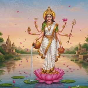A serene depiction of Goddess Ganga, an ethereal Indian goddess with four arms, standing gracefully on a lotus flower atop the tranquil, sacred river Ganges. Her attire is a flowing white saree with golden embroidery, symbolizing purity and divinity. In one hand, she holds a water pot (kamandalu) pouring celestial waters, in another, she holds a lotus flower symbolizing spiritual enlightenment. The background showcases a harmonious blend of lush greenery and traditional Indian architecture along the riverbanks. The sky is painted in soft pastel hues of dawn, with subtle glowing mandalas and floating petals, reflecting tranquility and spirituality. The art style merges traditional Madhubani patterns with modern digital aesthetics, using deep colors like peacock blue and maroon for cultural motifs around her, encapsulating the myths and cultural significance of the goddess.
