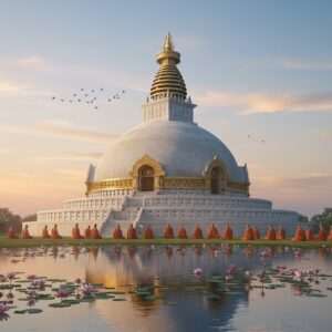 A serene, ethereal depiction of the Dharmarajika Stupa bathed in a soft, golden glow as the sun sets behind it. The stupa is surrounded by lush greenery and vibrant lotus flowers, with intricate patterns of ancient carvings visible on its surface. In the foreground, a calm water body reflects the stupa, creating a mirror-like effect. A group of Indian monks in traditional saffron robes meditates peacefully near the stupa, their presence adding a spiritual dimension to the scene. The atmosphere is tranquil and mystical, with pastel hues of soft blue, pale pink, and warm gold illuminating the sky. The art style should blend traditional Indian aesthetics with modern digital design, capturing the timeless beauty and spiritual essence of the Dharmarajika Stupa.