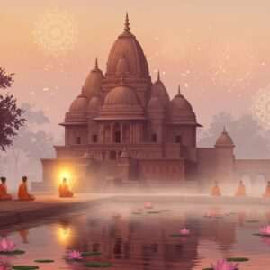 A serene, ethereal depiction of the Kamakhya Temple at dawn, enveloped in a mystical aura. The temple is illustrated in intricate detail, showcasing its ancient architecture with domed roofs and ornate carvings. Surrounding the temple are softly glowing mandalas and lotus flowers, floating gently in a pastel-colored mist. In the foreground, a tranquil pool reflects the temple and the warm, golden light emanating from it, symbolizing spiritual enlightenment. Indian devotees in traditional attire can be seen meditating peacefully, enhancing the atmosphere of spirituality and reverence. The art style blends traditional Indian aesthetics with modern digital techniques, featuring rich colors like maroon, saffron, and peacock blue. The overall scene exudes a sense of mystery and sacredness, inviting readers to explore the mystical Adhisthana of the Kamakhya Temple.