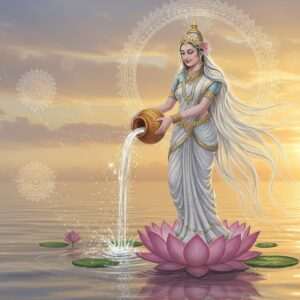 A serene and ethereal depiction of Goddess Ganga, portrayed as an elegant Indian woman with long flowing hair resembling a cascading river. She stands gracefully on a lotus flower amidst tranquil, softly glowing waters. Her attire is a blend of traditional Indian garments in shades of white, silver, and pale blue, symbolizing purity and divinity. She holds a water pot in one hand, from which sparkling water flows seamlessly into the river below. Surrounding her are delicate glowing mandalas and faint pastel clouds that create a dreamlike atmosphere. The scene is set against a backdrop of a golden sunrise, reflecting off the water's surface, highlighting her divinity and the sacredness of the river. The art style merges traditional Indian motifs with a modern digital aesthetic, emphasizing spirituality and cultural reverence.