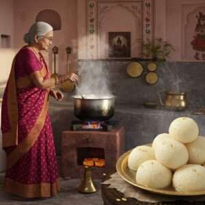 A hyperrealistic depiction of a traditional Indian kitchen with an elderly Indian woman in a vibrant, deep maroon saree with gold borders, gently stirring a large pot of boiling milk on a rustic stove. The kitchen is adorned with antique brass utensils and intricate Madhubani-style wall art depicting cultural motifs. In the foreground, a platter of freshly made Rasgulla sits, glistening under soft, ethereal lighting that captures the steam rising from the hot syrup. The scene evokes a sense of nostalgia and cultural heritage, with pastel-colored walls and delicate lotus flower designs subtly incorporated into the decor. The atmosphere is serene yet lively, emphasizing the rich history and cultural significance of Rasgulla in Indian culinary traditions.