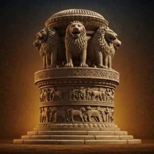 A majestic depiction of the Lion Capital of Ashoka, featuring four intricately carved lions seated back-to-back atop a beautifully detailed circular abacus adorned with ancient Indian motifs like elephants, horses, and bulls. The capital stands on a lotus-shaped base, symbolizing purity and enlightenment. The background is a blend of traditional Indian patterns and modern digital aesthetics, with deep colors such as gold, maroon, and peacock blue. The scene is illuminated with a soft, ethereal glow to highlight the intricate details and spiritual significance. The image conveys a sense of historical grandeur and cultural richness, inviting the viewer to delve into its symbolism.