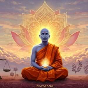 A serene Indian monk in a modern robe blending traditional saffron with contemporary design, meditating under a large, ethereal, glowing lotus. The scene is set against a backdrop of soft, pastel-colored clouds and a radiant, stylized mandala in warm gold tones, symbolizing enlightenment. In the foreground, elements of social justice like scales and olive branches are subtly incorporated, symbolizing Navayana's influence on modern societal issues. The monk's expression is peaceful yet contemplative, reflecting wisdom and mindfulness. The art style is a fusion of Madhubani and digital aesthetics, with intricate patterns and deep colors like peacock blue and maroon, creating a harmonious blend of tradition and innovation.