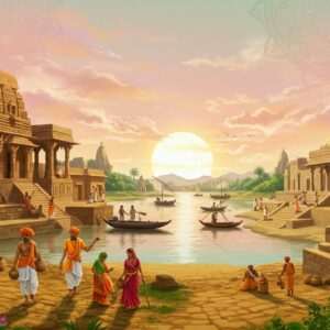 A mesmerizing digital artwork depicting the ancient civilizations of Gujarat, featuring a panoramic view of a vibrant, bustling ancient city. The scene includes intricately designed stone structures, resembling the architecture of Dholavira or Lothal, with detailed carvings and motifs. In the foreground, artisans and traders are seen engaging in various activities, dressed in traditional attire with gold and saffron hues. The background showcases a serene river with boats, symbolizing trade routes, and lush greenery. The sky is painted in soft pastel colors with a glowing sun, casting warm light over the scene. Elements like mandalas and lotus flowers subtly blend into the surroundings, enhancing the cultural richness. The overall tone is ethereal and historical, inviting viewers to delve into the untold stories of Gujarat's ancient past.